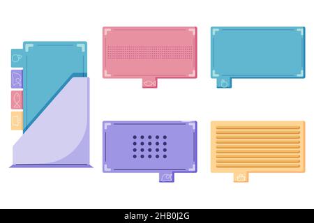 Un ensemble de planches pour la cuisson, des planches colorées pour différents produits poisson, viande, légumes et fruits, ainsi qu'un support pour les aliments chauds.Planche à découper Illustration de Vecteur