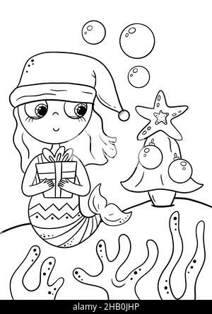 Adorable petite sirène fêtez Noël, page de livre de coloriage pour les enfants.Collection de design élément, contour, kawaii anime chibi style. Banque D'Images