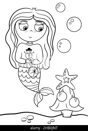 petite sirène d'ute célébrer Noël, page de livre de coloriage pour les enfants.Collection de design élément, contour, kawaii anime chibi style Banque D'Images