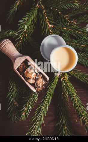 Épicéa Picea abies crème de résine médicinale en pot et morceaux sur une cuillère en bois, décorée de branches d'épinette fraîche.En utilisant de la résine d'épicéa. Banque D'Images