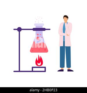 Homme scientifique observant une réaction chimique.Le tube à essai est chauffé au feu Illustration de Vecteur