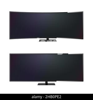 Moniteur LCD Vector Realistic ultra large incurvé pour ordinateur moderne.Télévision avec vue sur le devant ou maquette d'écran noir d'ordinateur.Isolé sur fond blanc. Illustration de Vecteur