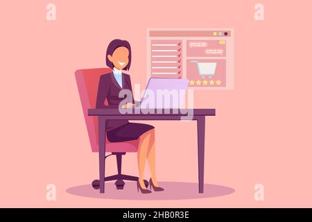 Vecteur d'une femme heureuse assise au bureau faisant la commande en ligne et écrivant un avis de produit Illustration de Vecteur