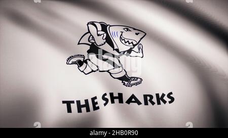 En signe de vent avec le symbole de l'équipe de rugby les requins.Concept sportif.Usage éditorial uniquement. Banque D'Images