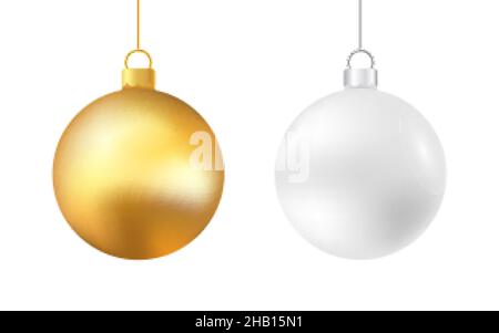 Boules de Noël.Décoration de Noël réaliste sur fond blanc.Boules suspendues en or et argent.Éléments d'arbre brillants.Décor des fêtes.Vecteur Illustration de Vecteur