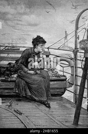 Jeune femme assise avec son chien en ferry dans le port de New York / Junge Frau sitzt zusammen mit ihrem Hund auf einer Fähre im Hafen von New York, USA, Historisch, historique, numérique reproduction améliorée d'un original du 19th siècle / Digital restaurierte Reproduktion einer Originallage voraus dem 19.Jahrhundert, Originaldatum nicht bekannt Banque D'Images