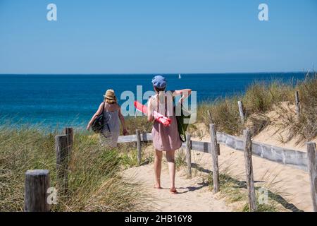 Ile de Ré, Ile de Rhe, Saint-Clément-des-Baleines (au large de la côte ouest de la France) : touristes en été sur un chemin à travers les dunes menant à la plage Banque D'Images