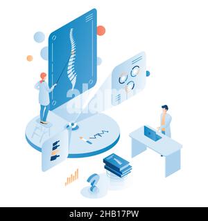 Cours et formation en ligne sur la médecine de l'ostéopathie, illustration isométrique vectorielle.Chiropratique.Carrière, formation à distance Illustration de Vecteur
