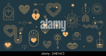 Éléments minimalistes de la Saint-Valentin bohémien, symboles et icônes linéaires d'art, coeur, lèvres, soleil et arc-en-ciel, modèles de conception,conception géométrique abstraite Illustration de Vecteur