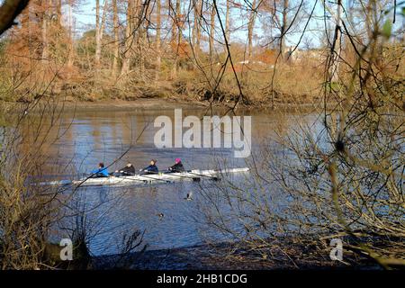 Quatre bateaux à rames sans coxless sur la Tamise à Kew lors d'une journée hivernale ensoleillée, West London, Angleterre, Royaume-Uni Banque D'Images