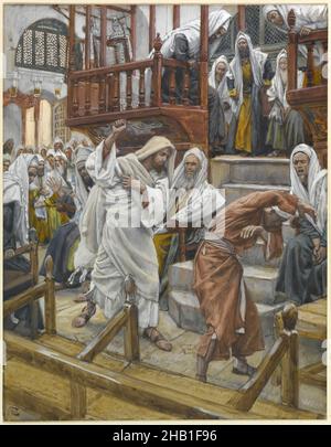 Jésus chases un homme possédé de la Synagogue, Jésus chasse un possédé de la synagogue, la vie de notre Seigneur Jésus Christ, la vie de notre-Seigneur Jésus-Christ, James Tissot, français, 1836-1902, aquarelle opaque sur graphite sur papier vélin gris, France, 1886-1896, image:9 3/16 x 7 1/8 po, 23,3 x 18,1 cm, Bible, biblique, catholicisme, Christ,Christianisme, Français, Dieu, Jésus, Jésus Christ,Luc 4:33-37, Nouveau Testament, religion, religieux Banque D'Images