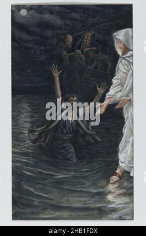 Saint Pierre marche sur la mer, Saint Pierre marche sur la mer, la vie de notre Seigneur Jésus-Christ, la vie de notre-Seigneur Jésus-Christ, James Tissot, Français, 1836-1902, aquarelle opaque sur graphite sur papier vélin gris, France, 1886-1896, image :7 11/16 x 4 5/16 po, 19,5 x 11 cm, apôtres, bible, illustration de la bible, biblique,bateau, nuage, nuages, disciple, doute,foi, jésus, lune, miracle, lune,Nouveau, peinture, Pierre, Pierre, art religieux,Saint Pierre, mer, navire, testament, Tissot,marchez sur l'eau Banque D'Images