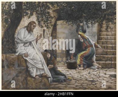 Marie Magdalene aux pieds de Jésus, la vie de notre Seigneur Jésus-Christ, la vie de notre-Seigneur Jésus-Christ, James Tissot, Français, 1836-1902, aquarelle opaque sur graphite sur papier vélin gris, France, 1886-1894, image: 7 15/16 x 10 3/8 po, 20,2 x 26,4 cm, 19thC, Béthany, Christ, Jésus-Christ, Christ, ChristLuc 10:30, Luc 10:40-42, Martha, marie Magdalene, une chose nécessaire,représentation religieuse Banque D'Images