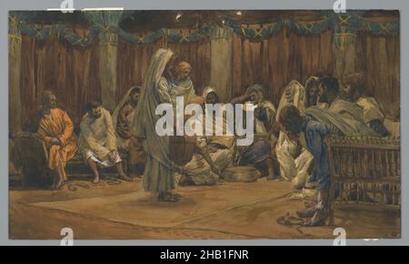 Le lavage des pieds, le lavage des pieds, la vie de notre Seigneur Jésus-Christ, la vie de notre-Seigneur Jésus-Christ, James Tissot, Français, 1836-1902, aquarelle opaque sur graphite sur papier vélin gris, France, 1886-1894, image: 9 3/4 x 16 11/16 po, 24,8 x 42,4 cm, Apôtres, Bible, catholicisme, BibleChristianisme, disciples, Jean 13:4-11, Cène, Magdalene,Messie, religion, religion, art religieux, rituel,Stations de la Croix Banque D'Images