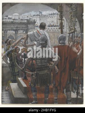 Pilate se lave les mains, Pilate se lave les mains, la vie de notre Seigneur Jésus-Christ, la vie de notre-Seigneur Jésus-Christ, James Tissot, Français, 1836-1902, aquarelle opaque sur graphite sur papier vélin gris, France, 1886-1894, image: 6 1/4 x 5 1/8 po, 15,9 x 13 cm, 1886-1894, Christianisme, Armure, Christcolonnes, crucification, porte, culpabilité, mains,Corne, James Tissot, Jésus, Matthieu 27:24-25, Nouveau Testament,Aquarelle opaque sur graphite sur papier vélin gris, peinture, Pilate, Pilate se lave les mains (Pilate se lave les mains), Ponce Pilate, religion, romain, normes,Tissot, lavage Banque D'Images