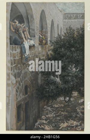 Le massacre des innocents, le massacre des innocents, la vie de notre Seigneur Jésus-Christ, la vie de notre-Seigneur Jésus-Christ, James Tissot, français, 1836-1902, aquarelle opaque sur graphite sur papier vélin gris, France, 1886-1894, image :10 5/8 x 6 1/2 po, 27 x 16,5 cm, 19th siècle, bébé, Bible, biblique,Catholicisme, Christ, Christianisme, cour, mort,Français, Hérode, Jésus, massacre, Matthieu 2:16-18,Meurtre, Nouveau Testament, peinture, religion, religieux,Romain, Tissot, aquarelle Banque D'Images