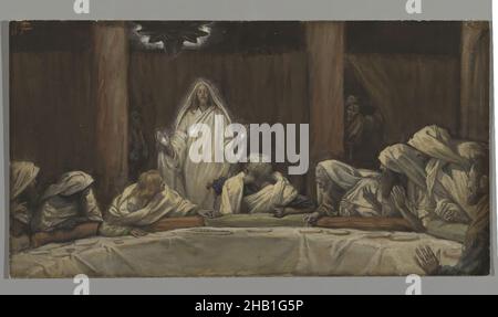 L'apparition du Christ au cénacle, l'apparence du Christ au cénacle, la vie de notre Seigneur Jésus Christ, la vie de notre-Seigneur Jésus-Christ, James Tissot, Français, 1836-1902, aquarelle opaque sur graphite sur papier vélin gris, France, 1886-1894, image :5 1/2 x 10 1/4 po, 14 x 26 cm, apôtres, Christ, Christianisme, disciples,Sans visage, lueur, Jésus, Jésus Christ, Jean 20:19-20,Lampe, miracle, Nouveau Testament, religion, art religieux,résurrection, robes, blessures Banque D'Images