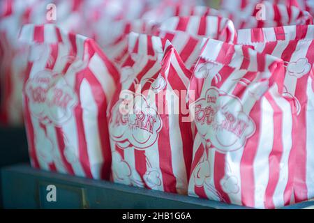 De nombreuses rangées de pop-corn dans des sacs en papier blanc avec des bandes verticales rouges et des mots « Fresh Popcorn » imprimés sur les sacs Banque D'Images