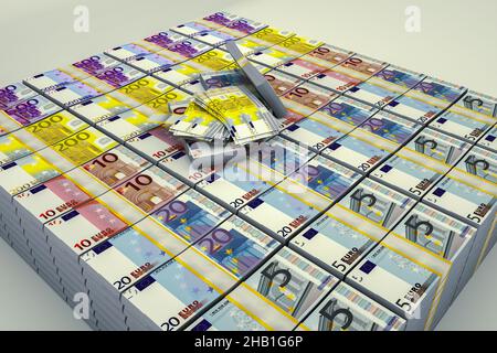 billets en euros, pile d'argent, espèces, pile, nouvelles factures,isolé Banque D'Images