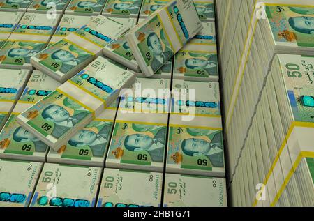 Piles d'argent.50 dirhams marocains.3D illustration. Banque D'Images