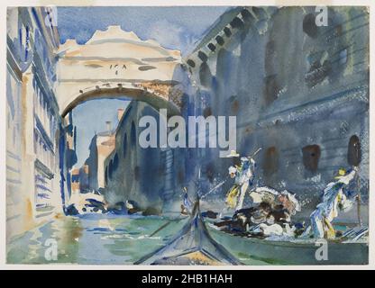 Le pont des Soupirs, John Singer Sargent, américain, né en Italie, 1856-1925,Aquarelle translucide et opaque avec sous-dessin graphite et pigmenté rouge, env.1903-1904, 10 x 14in., 25,4 x 35,6cm, peinture américaine, aquarelle américaine,bleu, bateau, pont, canal, figures,Gondole, gondolier, Italie, ndd01, peinture,Ponte dei Sospiri, Sargent, lumière du soleil, Venise, aquarelle,aquarelle sur papier Banque D'Images