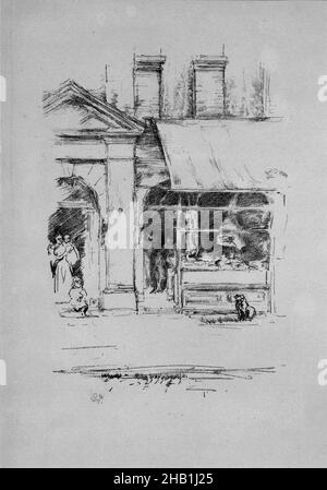 The Butcher's Dog, James Abbott McNeill Whistler, cuisine américaine, 1834-1903, Lithographie sur papier, 1896,Feuille : 11 13/16 x 7 3/8 po., 30 x 18,7 cm, affaires, affichage, chien, porte,viande, marchand, animal de compagnie, magasin, acheteurs,trottoir, commerce, fenêtre Banque D'Images