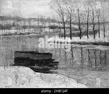 Winter, Ernest Lawson, cuisine américaine, 1873-1939, huile sur toile,env.1907-1910, 24 5/8 x 29 15/16 po., 62,5 x 76,1 cm, stérile, sanglier, froid, gris,paysage, réflexion, arbres, eau Banque D'Images