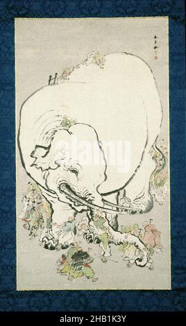 Aveugles hommes qui évaluent un éléphant, Ohara Donshu, japonais, 1792-1857, encre et couleurs sur papier, Japon, début 19th siècle, période Edo, total: 92 x 46 1/2 po, 233,7 x 118,1 cm, 19th siècle, aveugles, bouddhisme, bouddhiste,Période Edo, éléphant, rouleau suspendu, Hitopadesha, encre sur papier,Japon, japonais, hommes, récit, observation,parabole, histoire, subjectivité, tronc, défenses,blanc Banque D'Images