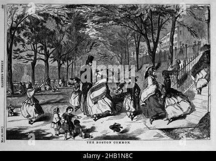 The Boston Common, Winslow Homer, cuisine américaine, 1836-1910, gravure sur bois,1858, image : 9 1/8 x 13 3/4 po, 23,2 x 34,9 cm, 1858, Boston Common, figures, Harper's Magazine,Arbres, Winslow Homer Banque D'Images