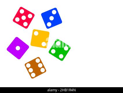 Six dés colorés dans une illustration sur fond blanc Banque D'Images
