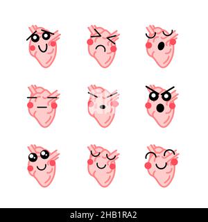 Ensemble de coeurs humains lumineux avec des visages mignons, icônes médicales isolées sur blanc Illustration de Vecteur