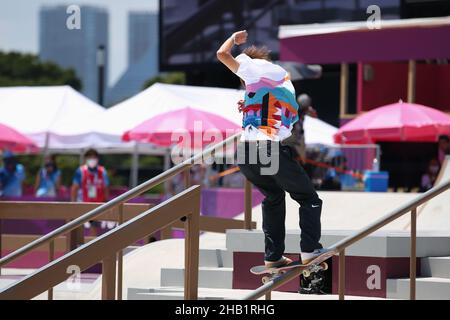 25th JUILLET 2021 - TOKYO, JAPON: HORIGOME Yuto du Japon en action pendant la finale de la rue masculine de Skateboarding aux Jeux Olympiques de Tokyo 2020 (photo par Banque D'Images
