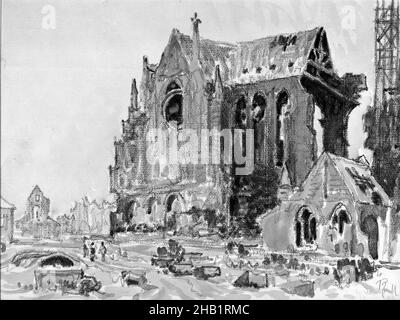 Transept de la cathédrale de Soissons, Joseph Pennell, cuisine américaine, 1860-1926, Aquarelle,8 1/2 x 11 po, 21,6 x 27,9 cm, bombardement, bâtiments, cathédrale, grotte,Destruction, Nord de la France, Picardie, ruines, guerre,aquarelle Banque D'Images
