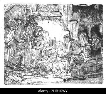 L'adoration des bergers: Avec la lampe, Rembrandt Harmensz. Van Rijn, néerlandais, 1606-1669, Etching sur papier couché, pays-Bas, ca.1654, plaque : 4 1/8 x 5 1/16 po, 10,5 x 12,9 cm Banque D'Images