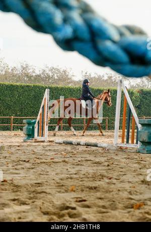 Enfants apprenant l'équitation avec des obstacles au ranch. Banque D'Images