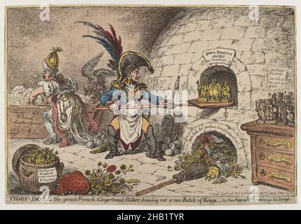 Tiddy-doll The Great French Gingerbread Baker dessin d'un nouveau lot de rois, James Gillray, British, 1757-1815, Etching et aquarelle,Coloration à la main sur papier vélin, 1806, image: 9 3/8 × 14 3/8 po., 23,8 × 36,5 cm, cuisson au four, caricature, empereurs, époque napoléonienne,four, caricature politique, satire Banque D'Images