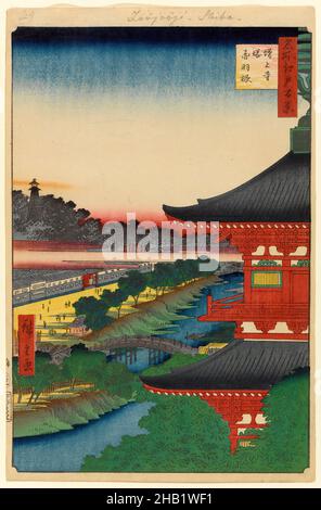 Pagode Zojoji et Akabane, n° 53 de cent vues célèbres sur Edo, Utagawa Hiroshige, Ando, japonais, 1797-1858,Imprimé blocs de bois, Japon, 1st mois de 1857, période Edo, époque Ansei, feuille: 14 1/4 x 9 5/16 po, 36,2 x 23,7 cm, 1st mois de 1857, pont, coloré, époque Edo, période Edo,Ansei Era, vert, colline, Hiroshige, maison,Japonais, paysage, rouge, rivière, sanctuaire,Été, temple, Tokyo, vue, imprimé Woodblock Banque D'Images