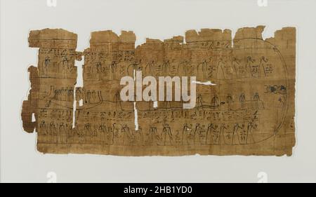 Feuille d'un livre des morts, Papyrus, encre, ca.1075-945 B.C. E., Dynasty 21, troisième période intermédiaire, feuille : 9 1/2 x 20 po., 24,1 x 50,8 cm, 1075-945 B.C. E., Afterlife, Amduat, bateau,Livre des morts, Livre des morts, instruments de cérémonie, chaos, mort, document,Dynastie 21, Egypte, Egyptien, forces du mal, fragment,Illustration, inscrit, Khepri, tard, magique,manifestations, collection de la société historique de new york, nuit, papyri, papyrus, période,Pigment, protection, Re, Sheet, sorts,dieu soleil, texte, troisième période intermédiaire, triomphe sur le mal, douzième heure,voyage Banque D'Images