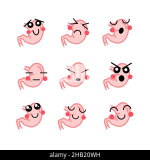 Ensemble de ventre humain brillant avec visages mignons, icônes médicales sur blanc Illustration de Vecteur