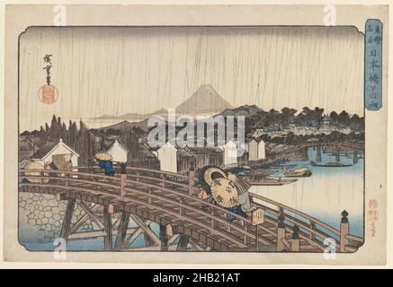 Douche sur le pont Nihonbashi, de la série lieux célèbres dans la capitale orientale, Utagawa Hiroshige, Ando, japonais, 1797-1858,Imprimé en bois de couleur sur papier, Japon, env.1832, période Edo, 10 5/16 x 15 1/4in., 26,2 x 38,7cm, asiatique, pont, château,edo, IMLS, japon, japonais, paysage,Mt.Fuji, imprimé, pluie, eau, imprimé couleur Woodblock Banque D'Images