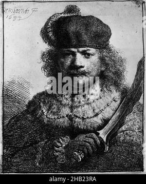 Autoportrait avec sabre relevé, Rembrandt Harmensz. Van Rijn, néerlandais, 1606-1669, Etching sur papier couché, pays-Bas, 1634, assiette: 4 3/4 x 4 po, 12,1 x 10,2 cm, martiale, moustache, arme Banque D'Images