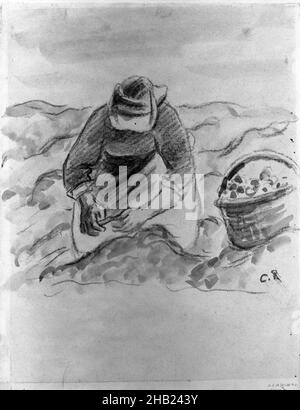 Paysanne tirante de pommes de terre, Paysanne ramassant des pommes de terre, Camille Jacob Pissarro, Français, 1830-1903, Charcoal et lavage à l'encre sur papier vélin, France, 1880s, éventuellement, 7 13/16 x 6 1/16 po, 19,8 x 15,4 cm, figure féminine, Art français Banque D'Images