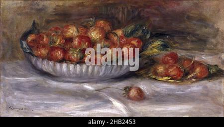 Encore la vie avec les fraises, Pierre-Auguste Renoir, français, 1841-1919, huile sur toile,France, 1914, 9 5/8 x 17 5/8 po, 24,4 x 44,8 cm, 1914, pommes, baies, bol,Coups de pinceau, repas, plat, manger, européen,Nourriture, nourriture et boissons, félève, français, art français,Huile française, peinture française, fruit, vert, impressionnisme,Impressionniste, luxuriante, nature-morte, huile, peinture à l'huile,Peinture, Pierre-Auguste Renoir, rouge, Renoir,tige, vie plate, fraises, fraise, table,nappe, blanche Banque D'Images