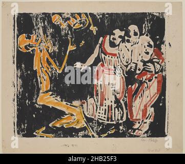 Death as Juggler, Revolution, Tod als Jongleur [Revolution], Christian Rohlfs, allemand, 1849-1939, couleur de bois coupée en jaune, rouge et noir sur papier vélin lourd, Allemagne, 1918-1919, image: 14 3/8 x 18 1/4 po., 36,5 x 46,4 cm, peur, effrayant, squelette, effrayant, effrayant Banque D'Images