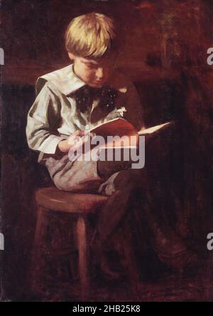 Boy Reading: Ned Anshutz, Thomas Pollock Anshutz, cuisine américaine, 1851-1912, huile sur toile,env.1900, 38 1/16 x 27 1/16 po, 96,7 x 68,8 cm, américain, blond, blond, livre,noeud, noeud papillon, garçon, enfant, enfants,Pieds croisés, foncé, huile, huile sur toile, peinture,lecture, assis, bas, tabouret, thomas pollack,jeune Banque D'Images