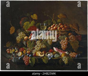 Toujours la vie avec le fruit, Severin Roesen, américain, né Allemagne, ca.1815-après 1872, huile sur toile, env.1860, 40 1/16 x 50 1/8 po, 101,7 x 127,3 cm, abondance, panier, bounty, pain,brièveté de la vie, ca.1860, manger, festin, nourriture, nourriture et boissons,fruits, raisins, feuilles, citron, citrons,luxuriant, melon, morte nature, huile sur toile, peinture,prune, segments, vie morte, eau, pastèque,vin Banque D'Images