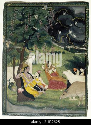 Krishna et Radha sous un arbre dans une tempête, Indien, aquarelle opaque et or sur papier, Kangra, Punjab Hills, Inde, ca.1790-début 19th siècle, feuille: 9 x 6 3/4 po., 22,9 x 17,1 cm, allégorie, asiatique, oiseaux, nuages,Consort, vaches, fleur, dieu, Or,Gopi, herbe, vert, troupeau, hindou,Indien, Kangra, agenouillé, krishna, histoire d'amour,Milkmaid, peinture, papier, paon, Punjab Hills,radha, détente, assis, tempête, arbre,Vaishnavisme, vignes, aquarelle, météo Banque D'Images