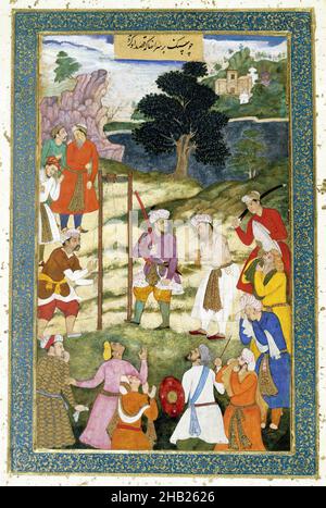 L'exécution de Mansur Hallaj, de l'album Warren Hastings, Indien, aquarelle opaque sur papier, 1600-1605, Mughal, conception d'Akbar, feuille: 15 1/4 x 11 3/16 po, 38,7 x 28,4 cm, Akbar, Allahabad, foule, événement,Exécution, autoriser, suspendre, histoire, Justice,Killer, Mansur Hallaj, Mughal, spectateurs, papier,personnes, punition, scimitar, spectateur, histoire,Épée, turc, violence, Aquarelle Banque D'Images