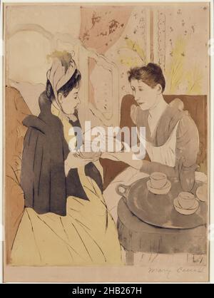 Afternoon Tea Party, Mary Cassatt, américaine, 1844-1926, Drypoint et aquatint en couleur sur papier vélin, 1891, feuille: 18 3/4 x 12 po, 47,6 x 30,5 cm, 19th Century, américaine, aquatinte, boisson,conversation, convivial, dîner, dessin, boisson,drypoint, manger, recevoir, mode, femme artiste,Nourriture, nourriture et boissons, amis, impressionnisme, libation,Mary Cassatt, repas, snack, social, fête de thé,service de thé, temps de thé, femme artiste, femmes, papier vélin Banque D'Images