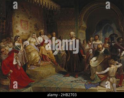 Columbus avant la Reine, Emanuel Leutze, américain, né Allemagne, 1816-1868,Huile sur toile, 1843, 38 9/16 x 50 15/16 po., 97,9 x 129,4 cm, 1843, 19th Century, American, Christopher,Christophe Colomb, vêtements, Colomb, Colomb avant la Reine, costume, Emanuel Leutze, expédition, exploration,explorer, peinture historique, histoire, huile, peinture,Présentation, Reine Isabella, royale, royauté, souverains,Espagne, Cour d'Espagne Banque D'Images